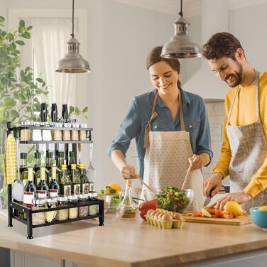 Рівнева стійка для спецій, підставка для спецій на кухонну стільницю, органайзер для стійок для спецій з вуглецевої сталі, чорні стійки для спецій з гачками, органайзер для спецій для кухні, шафи, ванної кімнати, 2-