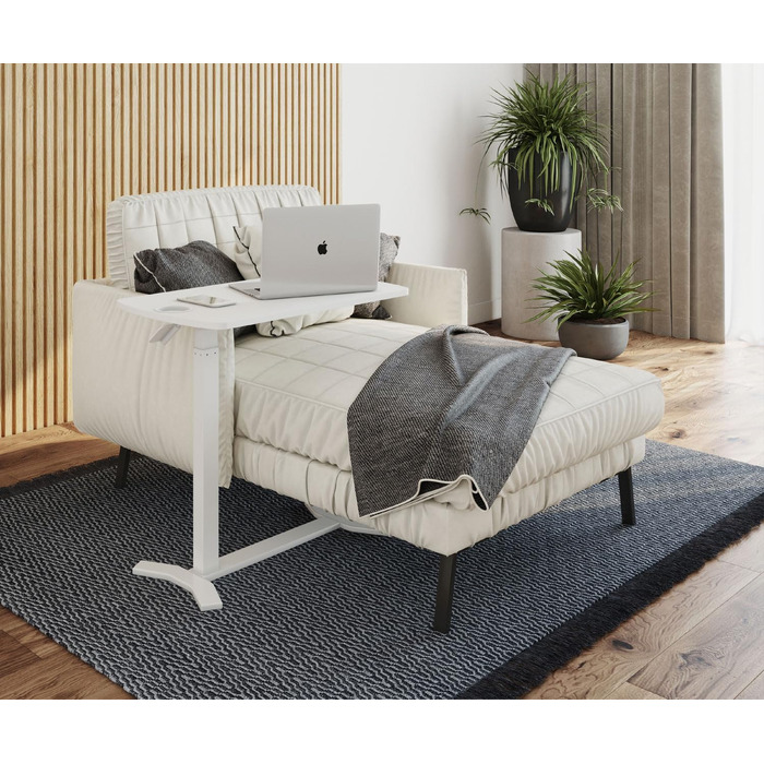 Білий з підсклянником - Мобільний, безступінчасто пневматично регульований по висоті бічний столик 65-103 см на колесах для дивана, ліжка, дитячої кімнати та домашнього офісу, 121WW 70 x 40