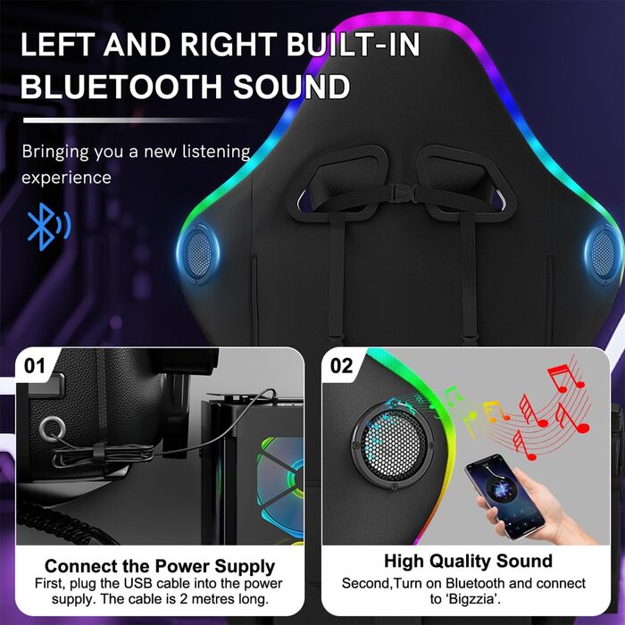 Ігрове крісло з RGB LED та Bluetooth-динаміком, ергономічне ігрове крісло з підставкою для ніг, підголівником, поперековою опорою, кутом нахилу 90135, ПК-крісло для підлітків та дорослих (чорне) Чорний колір зі світлодіодним підсвічуванням та Bluetooth
