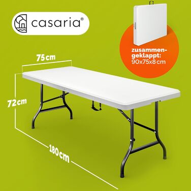 Садовий стіл Casaria 183x76 см, складний, водонепроникний, портативний, пластиковий, садовий, патіо, кемпінг, балконний, розкладний, кемпінговий, фуршетний, білий