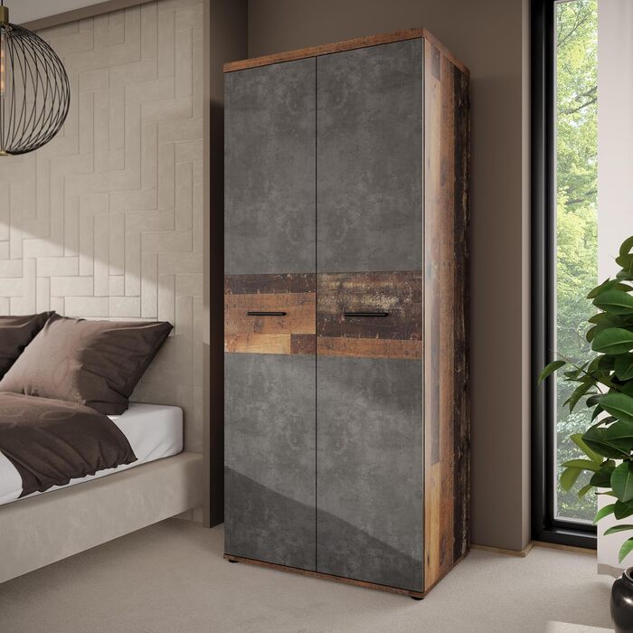 Гардероб Forte Winnie 80, рустикальна шафа з орними дверима, 2-дверна, полиці, простора, декор Old Wood Vintage під дерево/імітація бетону темно-сірий, 79,9 см завширшки x 189 см заввишки x 53,7 см темно-коричневий/сірий