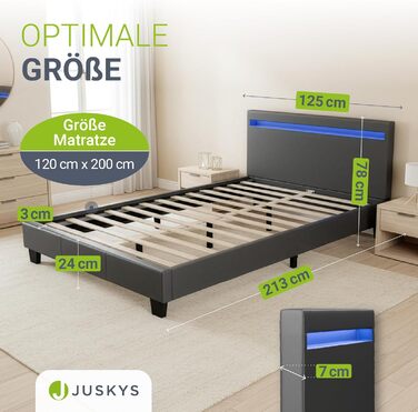 Ліжко Juskys Paris з м&39якою поверхнею 120x200 см - Каркас ліжка зі світлодіодним освітленням, рейковою основою та матрацом - сірий - штучна шкіра - Односпальне ліжко, дитяче ліжко, темно-сірий 120 x 200 см