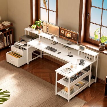 Письмовий стіл ODK з шухлядами, 189,3100 см, двосторонній кутовий стіл, великий, з 2 розетками та портом зарядки USB, L-подібний стіл з місцем для зберігання, ігровий стіл для домашнього офісу, білий 189,310088,7 см