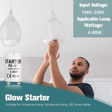 Універсальний стартер Rumgug 6 шт. для люмінесцентних ламп і світлодіодів, FS-U 4-80 Вт, 198-250 В, ефективне запалювання для одного контуру (Набір B)