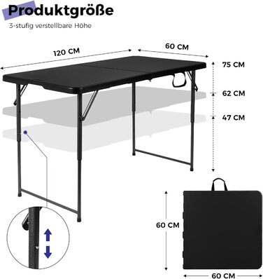 Складаний стіл 120 см портативний, регульований по висоті кемпінговий стіл, садовий стіл обідній стіл святковий стіл складний, зовнішній/критий, чорний
