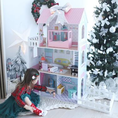 Дерев&39яний ляльковий будиночок 123 см зі світлодіодним підсвічуванням Великий ляльковий будиночок для дітей віком від 3 років з меблями та садом Ляльковий будиночок з підсвічуванням та аксесуарами Креативний ігровий будиночок для дівчаток