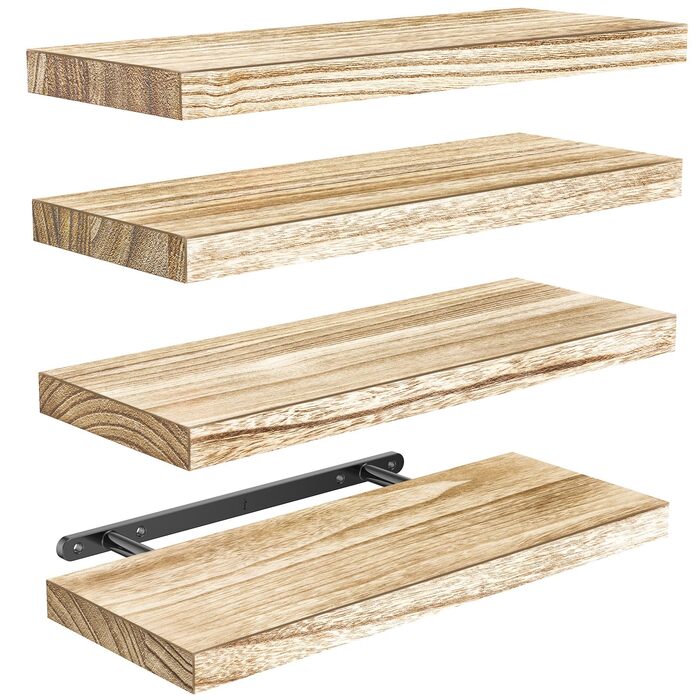Настінна дерев&39яна полиця Pipishell, 40 см, кухонна полиця з дерева павловнії, підвісна плаваюча полиця, комплект із 4 дерев&39яних полиць для ванної кімнати, спальні, офісу, вітальні, кухні тощо (світло-коричневий)