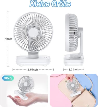 Портативний настільний вентилятор, 4000mAh Battery Small Table Fan, 4 Speeds for Desk, Home, Picnics and Office -