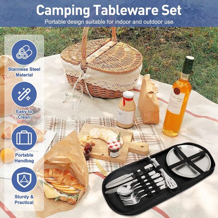 Набір кемпінгового посуду для 1-2 осіб, 10-предметний набір кемпінгових столових приборів з нержавіючої сталі, дорожні столові прибори, портативний кемпінговий посуд для пікніків та подорожей на свіжому повітрі з виделками, ножами, ложками з нержавіючої с