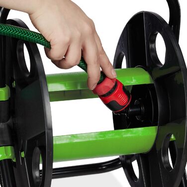 Котушка для шланга Relaxdays, для 30 м шланга 1/2, сталь, пластик, тримач шланга, 38 x 42 x 31 см, чорний/зелений