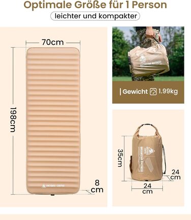 Самонадувальний надувний матрац OneTigris Dreamstar з високим коефіцієнтом опору, надувне ліжко для 1 особи, надувний матрац для гостей з мішком-насосом, для кемпінгу, подорожей та автомобіля (70 198 см) кольору койота