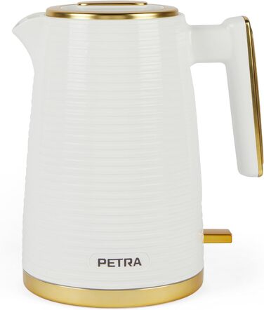 Чайник Petra PT5031WVDE 1,7 л основа, що обертається на 360, контролер Strix, фільтр проти накипу, вікно відображення рівня води, функція автоматичного вимкнення, датчик кип'ятіння, 2200 Вт, білий/золотий