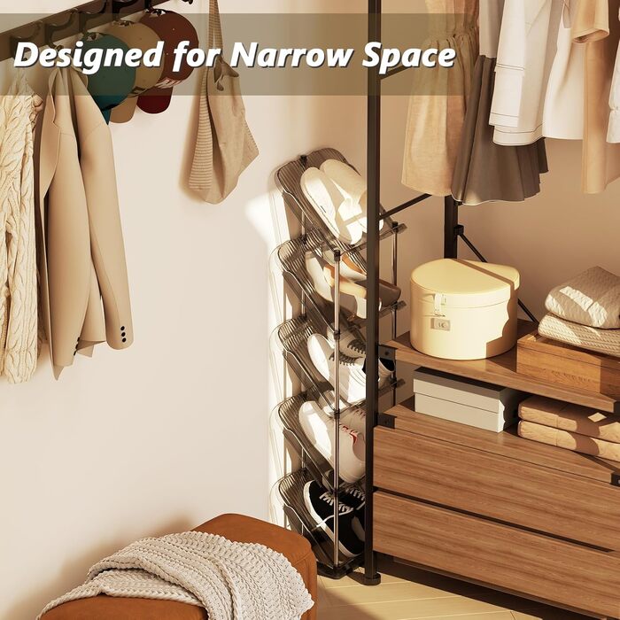 Вузька взуттєва полиця з 2 предметів з 5 ярусами, компактна похила полиця для взуття, взуттєва шафа, місце для зберігання взуття, взуттєва лавка, взуттєва шафа, органайзер для взуттєвої полиці, підставка для взуття, органайзер для взуття, прозора, 5 ярусі