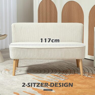 Місний диван HOMCOM, невеликий двомісний диван з вельветовим ефектом, сучасний м&39який диван для вітальні, спальні, невеликого простору, кремово-білий, 117 x 56,5 x 77 см, 2-