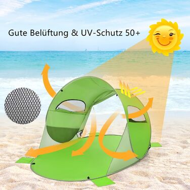 Пляжний намет GYMAX Pop-Up для 3-4 осіб, автоматичний пляжний намет із захистом від ультрафіолету 50, розкладний намет із дверима на блискавці та вентиляційним вікном, у комплекті сумка для перенесення, для кемпінгу на пляжі, зелений