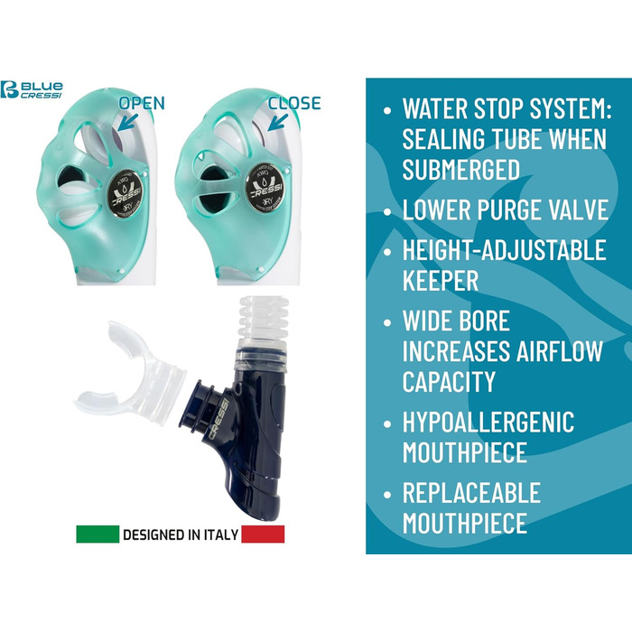 Маска унісекс для дайвінгу та сноркелінгу з 4 окремими загартованими лінзами або комплект маскасноркель Scilla Top Dry Combo для необмеженого кругового огляду Combo Clear/Ice Blue