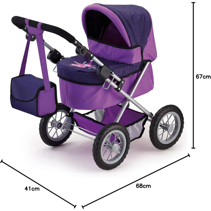 Модна лялькова коляска, регульована по висоті, складна, з сумкою, мотив фея, фіолетова, 67 x 41 x 67 см, 13012AA