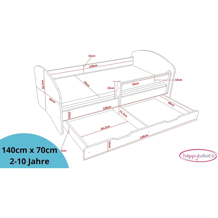 Дитяче ліжко Happy Babies - із захистом від падіння, хлопчик, 140x70, дитяче ліжко з шухлядою та матрацом, односпальне ліжко для дітей, біле/синє, з мотивом собаки, блакитне Niebieskie