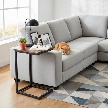 Набір з 2 приставних столиків AMHANCIBLE, журнальний столик C-подібної форми, стіл для вітальні з металевим каркасом, мобільний журнальний столик, журнальний столик-диван для кави та ноутбука, приставний столик для спальні, вітальня, коричневий