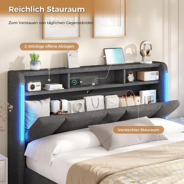 М&39яке двоспальне ліжко 140x200 з ящиком для зберігання, гідравлічне ліжко з місцем для зберігання зі світлодіодним освітленням та розетками, ліжко 140x200 см з узголів&39ям для зберігання, рейковий каркас, льон, темно-сірий (без матраца) 140 x 200 см те