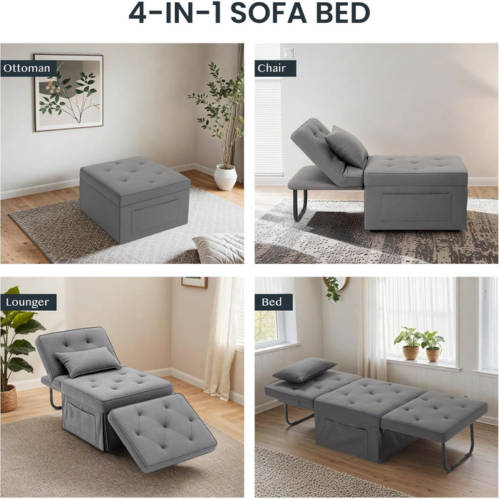 Крісло FLEXISPOT Крісло для вітальні з пуфом для ніг Розкладне крісло-ліжко з функцією ліжка Розкладне крісло-ліжко Вантажопідйомність до 300 кг, сірий, 72 * 69 * 35 см темно-сірий