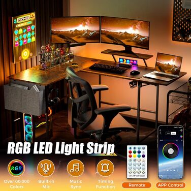 Ігровий стіл із розумним світлодіодним освітленням, L-подібний стіл із подовжувачем для домашнього офісу, кутовий стіл 120-150 см з розеткою, сумка для зберігання, підставка для монітора, вінтажний коричневий колір