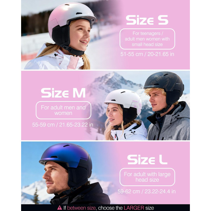 Унісекс-лижний шолом Odoland, шолом для сноуборду для чоловіків та жінок, юніорський розмір, оптимальний захист, система вентиляції, регульований розмір, сніговий шолом для дорослих для катання на лижах/сноуборді, розмір M (55-59 см), градієнтний рожевий