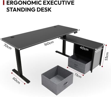 Письмовий стіл з регульованою висотою, електричне регулювання висоти, L-подібний, з шухлядами та відділенням для зберігання, двосторонній, ергономічний стіл для роботи сидячи та стоячи, 160 x 70 см, чорний