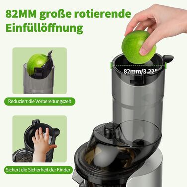 Повільна соковижималка AIRMSEN, соковижималка для овочів і фруктів з великим отвором для подачі 82 мм для соку з цілих фруктів, ма