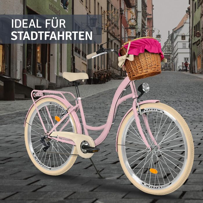 Велосипед Milord Comfort з плетеним кошиком, голландський велосипед, жіночий велосипед, міський велосипед, вінтажний, 28 дюймів, рожево-кремовий, 7 швидкостей