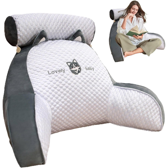 Подушка для читання, подушка для ліжка зі знімним потиличним валиком та підлокітником для сидіння в ліжку, дивані або підлозі, спинка, подушка для спини ліжка, подушка для підтримки спини для дорослих, подушка для спини для читання та перегляду телевізора