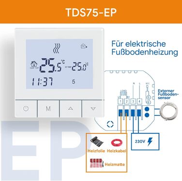 Термостат теплої підлоги для електричної теплої підлоги Термостат опалення Цифровий програмований кімнатний термостат Контроль теплої підлоги з датчиком 16A TDS75-EP Білий