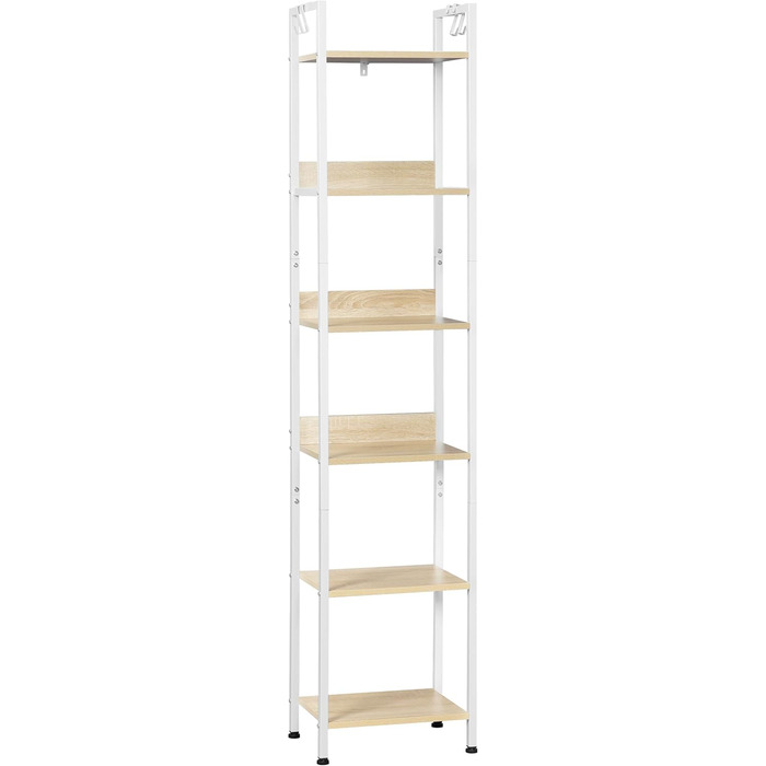 Ярусна полиця для зберігання WOLTU, кухонна полиця з 4 гачками, книжкова полиця в індустріальному стилі, окремостояча полиця для вітальні/кухні, вузька драбина, білий світлий дуб, 40x30x187 см, 6-