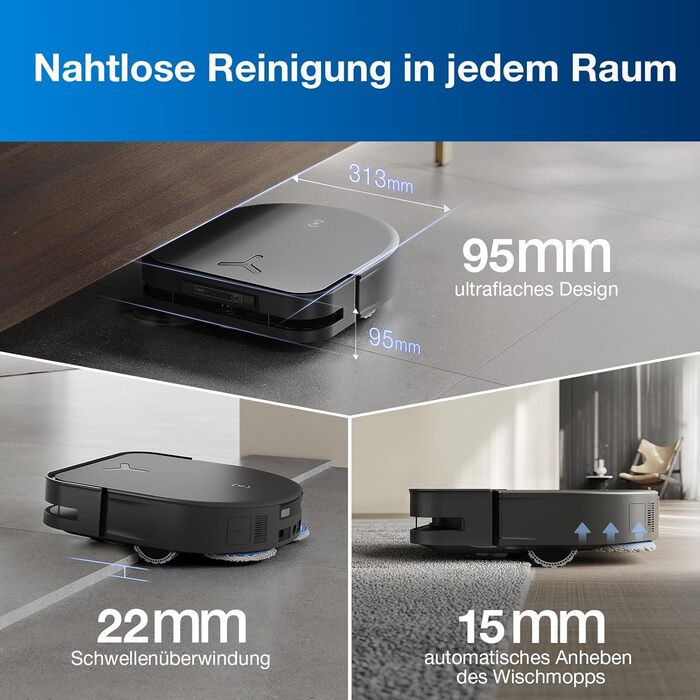 Робот для прибирання та пилососу, 12800 Па, проти заплутування, адаптивне очищення країв TruEdge, миття теплою водою при 70 C, інт
