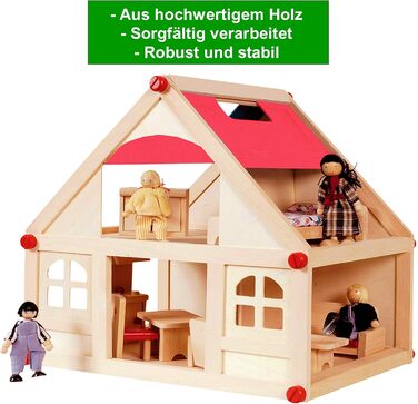 Дерев&39яний ляльковий будиночок Іззі з 2 поверхами, 4 ляльками та 9 предметами меблів Ручка для перенесення (Дитячий ляльковий будиночок з 2 поверхами, меблями та аксесуарами) - (38 x 27 x 39 см) 2-поверховий ляльковий будиночок