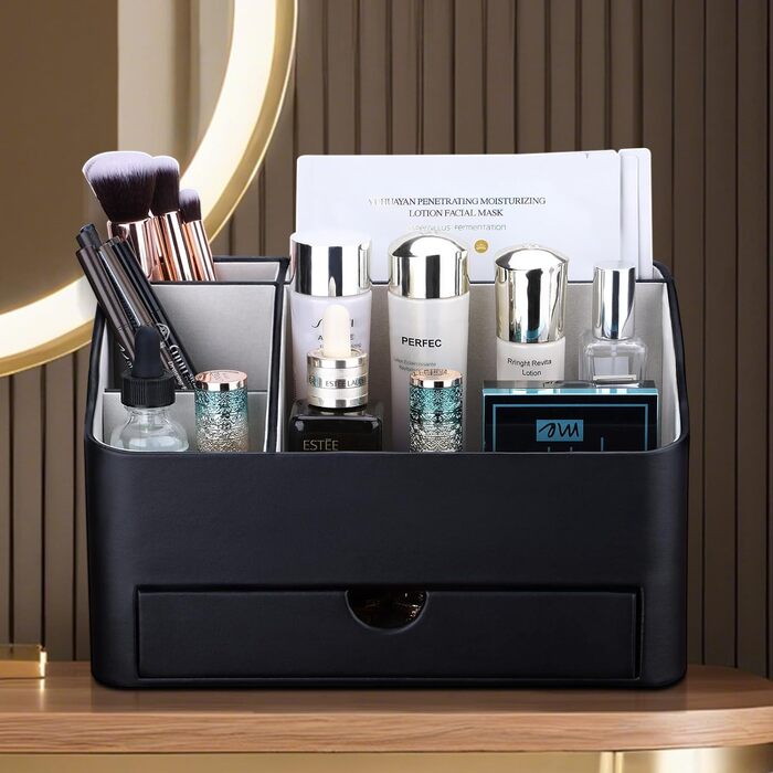 Органайзер для косметики KINGFOM, органайзер для макіяжу зі штучної шкіри з шухлядою, органайзер для догляду за шкірою для туалетного столика (чорний)