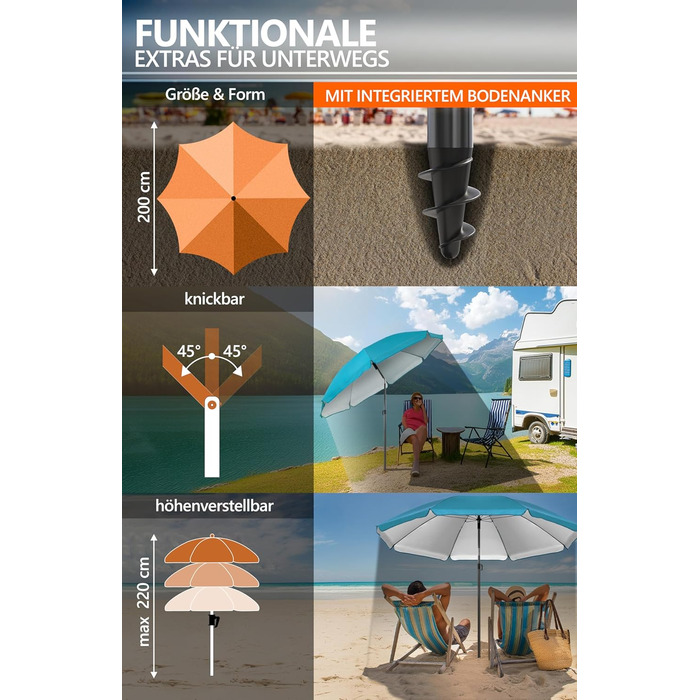 Пляжна парасолька 4smile SunnyJoy, бірюзовий колір - пляжна парасолька UPF 50 Ø 200 см, надійний захист від сонця, вітронепроникна та стійка - парасолька із захисним чохлом, комплект із 2 шт. - 1 x парасолька чохол Ø 200 см, бірюзовий колір