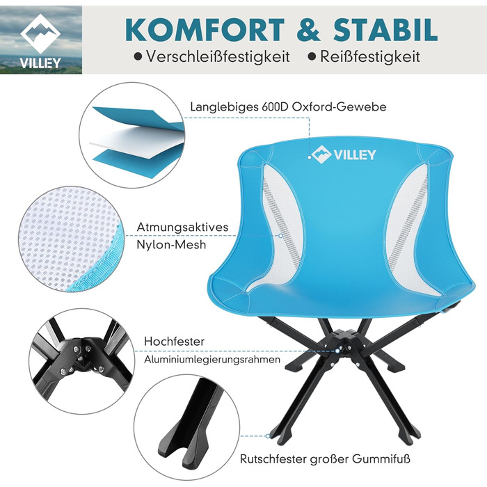 Складаний та портативний кемпінговий стілець VILLEY, синій, складний кемпінговий стілець з алюмінієвою рамою та міцною та дихаючою тканиною, вантажопідйомність 150 кг, кемпінговий стілець з сумкою для використання на свіжому повітрі, риболовля