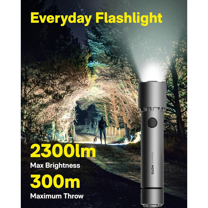 Тактичний акумуляторний світлодіодний ліхтарик HOTO з режимом стробоскопа, надзвичайно яскравий світлодіодний ліхтарик, працює від батареї, USB-C, водонепроникний IP68, потужний ліхтарик для кемпінгу, походів, полювання, активного відпочинку та надзвичайн