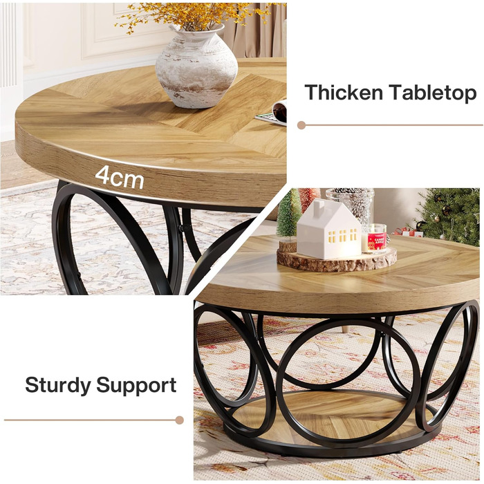 Круглий журнальний столик Tribesigns, круглий дерев&39яний стіл 80 см, великий круглий стіл для вітальні у фермерському стилі з 2-ярусним місцем для зберігання, сучасний простий коричневий чайний столик (під дерево)