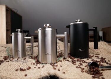 Кавоварка для френч-пресу Milu 350 мл, 600 мл, 1 л Прес для кави з нержавіючої сталі, кавоварка для домашнього туристичного кемпінгу з підставкою, ложкою, змінним фільтром (чорний, 350 мл (2 чашки) Чорний 350 мл (2 чашки)