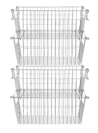 Кошик для зберігання в морозильній камері SANNO, штабелюється, для комори, зберігання та організації, штабелюється, контейнери для зберігання картоплі та цибулі, металеві кошики для зберігання, 4 шт. 40 см (Д) x 24 см (Ш) x 16 см (В), хром
