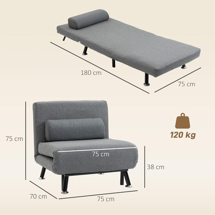 Крісло-ліжко HOMCOM 3-в-1, розкладний диван-ліжко з регульованою спинкою, подушка, гостьове ліжко (до 150 кг), крісло-відкидка, розкладне крісло для вітальні/спальні, 75x70x75 см, темно-сірий, імітація льону (100 поліестер)