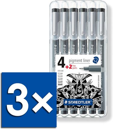 Набір пігментних підводок Staedtler Fineliner з 6 шт. , з коробкою (3 шт. Standard Set Black)