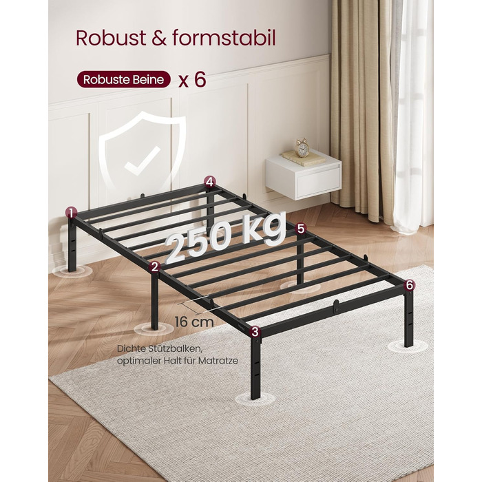 Каркас односпального ліжка VASAGLE, Ліжко, 90 x 200 см, Металеве ліжко, Каркас ліжка, Місце для зберігання під ліжком, Сучасне, Гостьове ліжко, Легке складання, Чорно-чорний RMB132B01 90 x 200 см Висота - 35,6 см