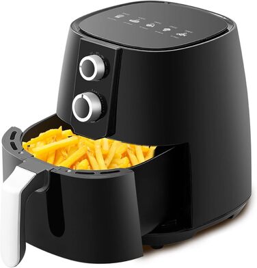 Аерофритюрниця OFCASA XL 3.8 л 1450 Вт, фритюрниця з гарячим повітрям, таймер на 30 хвилин і контроль температури 80-200C, фритюрниця без олії з подвійною ручкою Contro, кошик з антипригарним покриттям, безмасляна фритюрниця для чіпсів, чорна подвійна кно