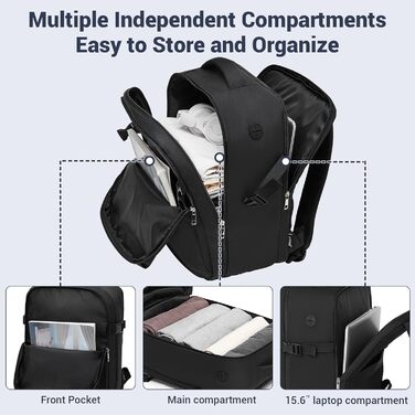 Рюкзак KONO, ручна поклажа, літак, 40x30x20, Ryanair та Eurowings, дорожній рюкзак для жінок та чоловіків, 24 л, надлегкий (500 г), з портом зарядки USB для ноутбуків до 15,6 дюймів, чорний, 40x30x20 см