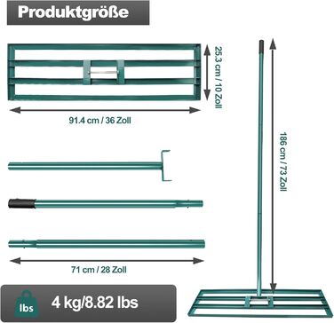 Гребінь для вирівнювання газону, 925 см, інструмент для догляду за газоном з регульованою ручкою 186 см, садовий рівняючий грабель для ґрунту, саду, двору, догляду за газоном (36 x 10 дюймів)