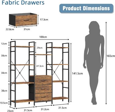 Книжкова полиця 100Ш x 142В см з 4 тканинними шухлядами, окремостояча книжкова полиця, кухонна полиця для вітальні, офісу, балкону, кубічна книжкова полиця, кухонна полиця для зберігання, книжкова шафа, індустріальний дерев&39яний стиль, 4 рівні - 100 см,