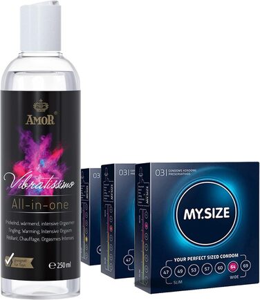 Презервативи Vibratissimo Play Gel все в одному 250 мл та MY.SIZE, 3 шт. Зігрівальний, поколюючий та стимулюючий оргазм лубрикант Зволожувальний матеріал на водній основі та презервативи шириною 57, 60, 64 мм, 250 мл () Набір (все в одному презервативи My